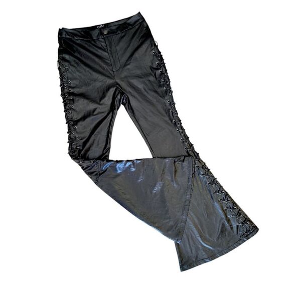 AKIRA Black Perfect Control Faux Leather Lace Up Flare Pants LG *NO OFFERS* - Picture 7 of 16